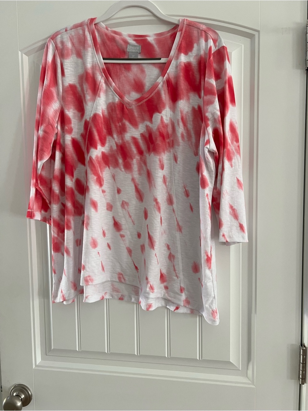 Chico's Pink and White Tie-Dye V-Neck Long Sleeve Top